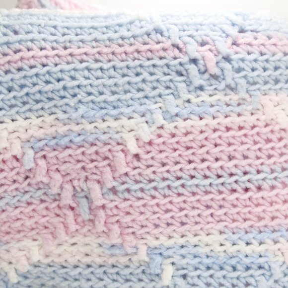 Vintage Baby Blanket Crochet Handmade Pastel Pink White Blue well-made 28x90‎ - Picture 2 of 4